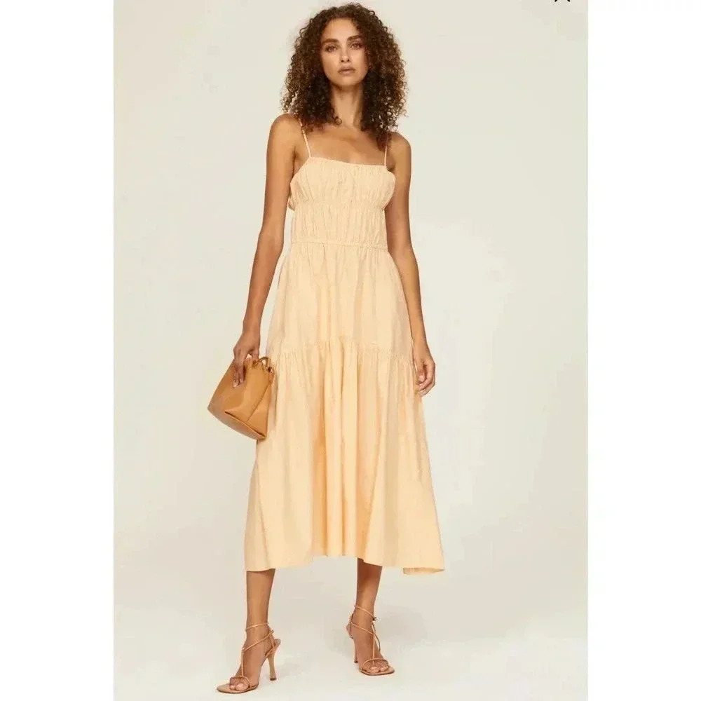 Vince Ruched Tie Back Cami Dress size M NWT Peach Cotton/Hemp blend